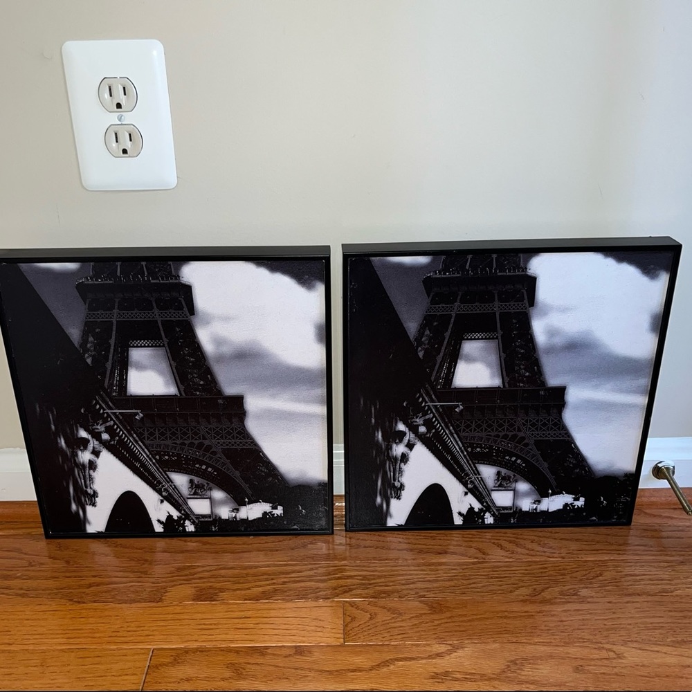 Paris Eiffel Tower Wall Hanging Picture Set of 2 black & white 12x12